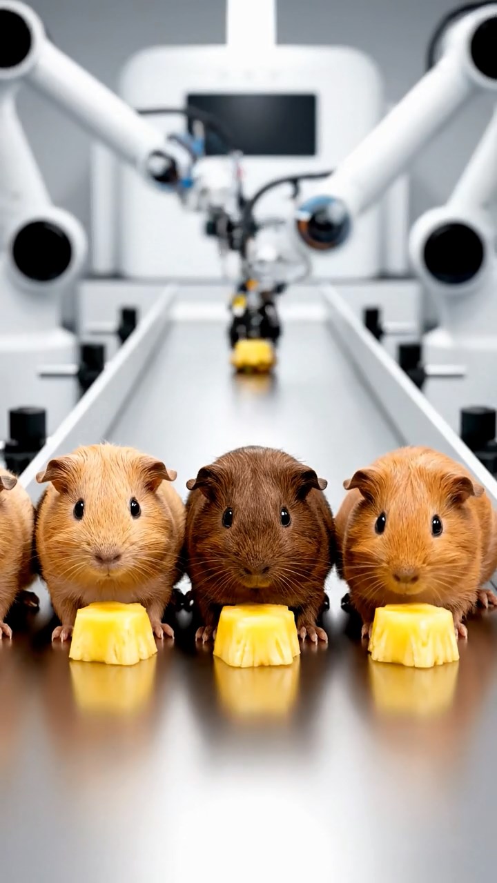 2050. Highly detailed view of 5 smooth-haired Skinny guinea pigs with fawn, chocolate, and cinnamon fur, nibbling on pineapple cores, inside a mechanized factory line with robots.