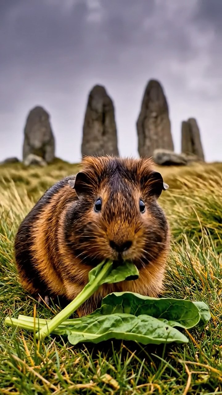 2051. Photorealistic image of 1 smooth-haired American guinea pig with sable fur, chewing on spinach bunches, on a windswept moor with standing stones.