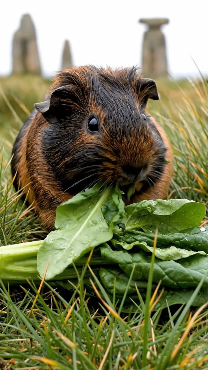 2051. Photorealistic image of 1 smooth-haired American guinea pig with sable fur, chewing on spinach bunches, on a windswept moor with standing stones.