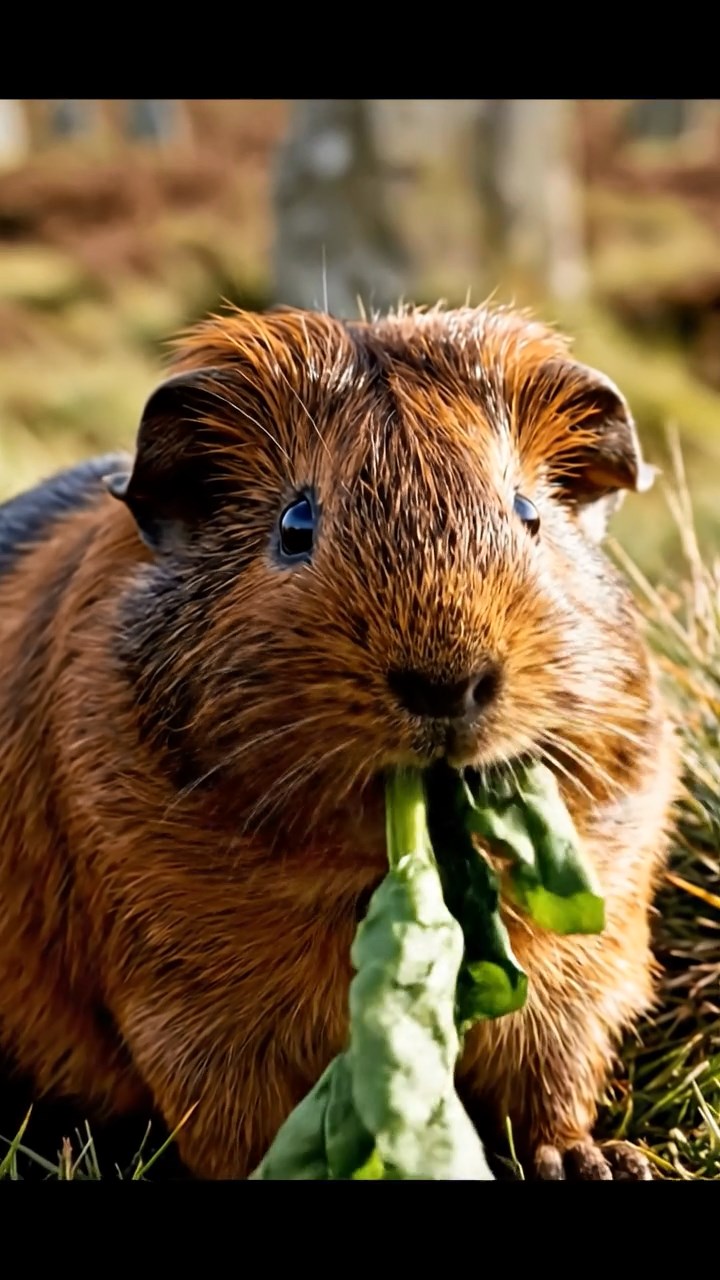 2051. Photorealistic image of 1 smooth-haired American guinea pig with sable fur, chewing on spinach bunches, on a windswept moor with standing stones.