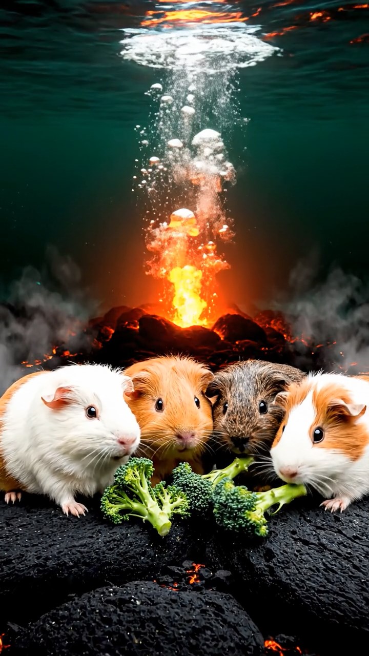 2052. Realistic depiction of 4 smooth-haired Abyssinian guinea pigs in white, orange, and gray colors, sharing broccoli stems, near a submarine volcanic eruption with bubbles.