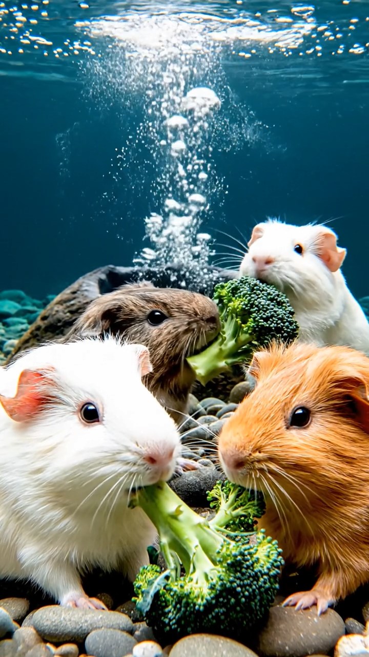 2052. Realistic depiction of 4 smooth-haired Abyssinian guinea pigs in white, orange, and gray colors, sharing broccoli stems, near a submarine volcanic eruption with bubbles.