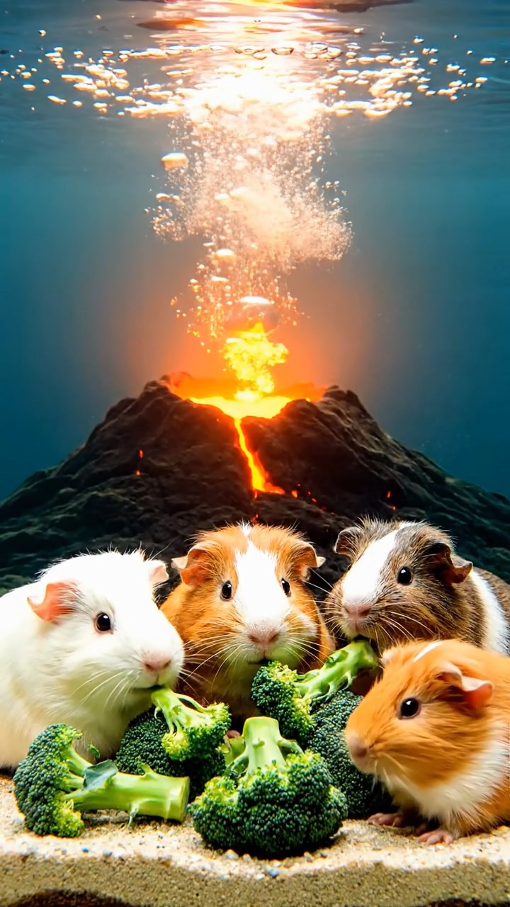2052. Realistic depiction of 4 smooth-haired Abyssinian guinea pigs in white, orange, and gray colors, sharing broccoli stems, near a submarine volcanic eruption with bubbles.