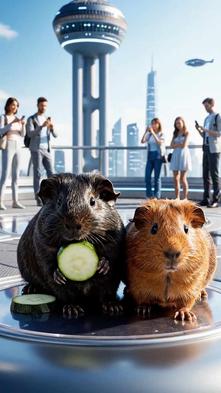 2053. Detailed scene of 2 smooth-haired Peruvian guinea pigs with black and brown fur, munching on zucchini rounds, on a famous tower viewing platform with tourists.