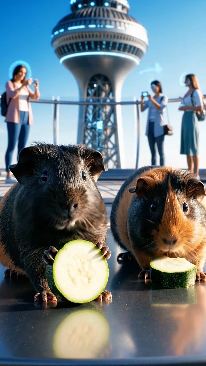2053. Detailed scene of 2 smooth-haired Peruvian guinea pigs with black and brown fur, munching on zucchini rounds, on a famous tower viewing platform with tourists.