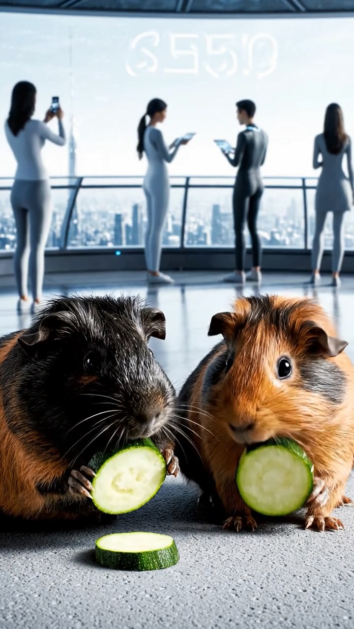 2053. Detailed scene of 2 smooth-haired Peruvian guinea pigs with black and brown fur, munching on zucchini rounds, on a famous tower viewing platform with tourists.
