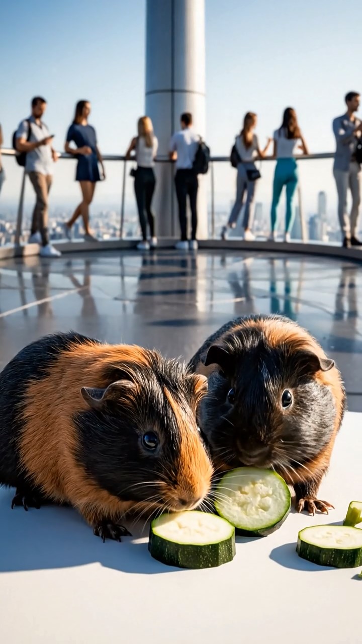 2053. Detailed scene of 2 smooth-haired Peruvian guinea pigs with black and brown fur, munching on zucchini rounds, on a famous tower viewing platform with tourists.