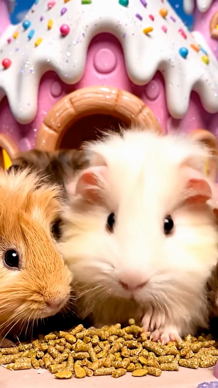 2054. Photorealistic photo of 3 smooth-haired Silkie guinea pigs featuring cream, fawn, and chocolate coats, eating alfalfa pellets, in a sugary fairy cottage with frosting roofs.