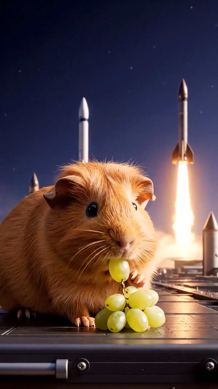 2055. Realistic image of 1 smooth-haired Teddy guinea pig with cinnamon fur, nibbling on grape clusters, on an ascending space platform with rocket launches.