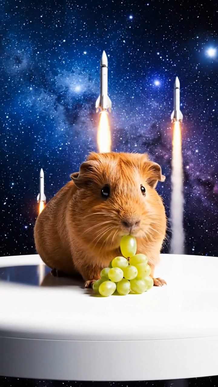 2055. Realistic image of 1 smooth-haired Teddy guinea pig with cinnamon fur, nibbling on grape clusters, on an ascending space platform with rocket launches.