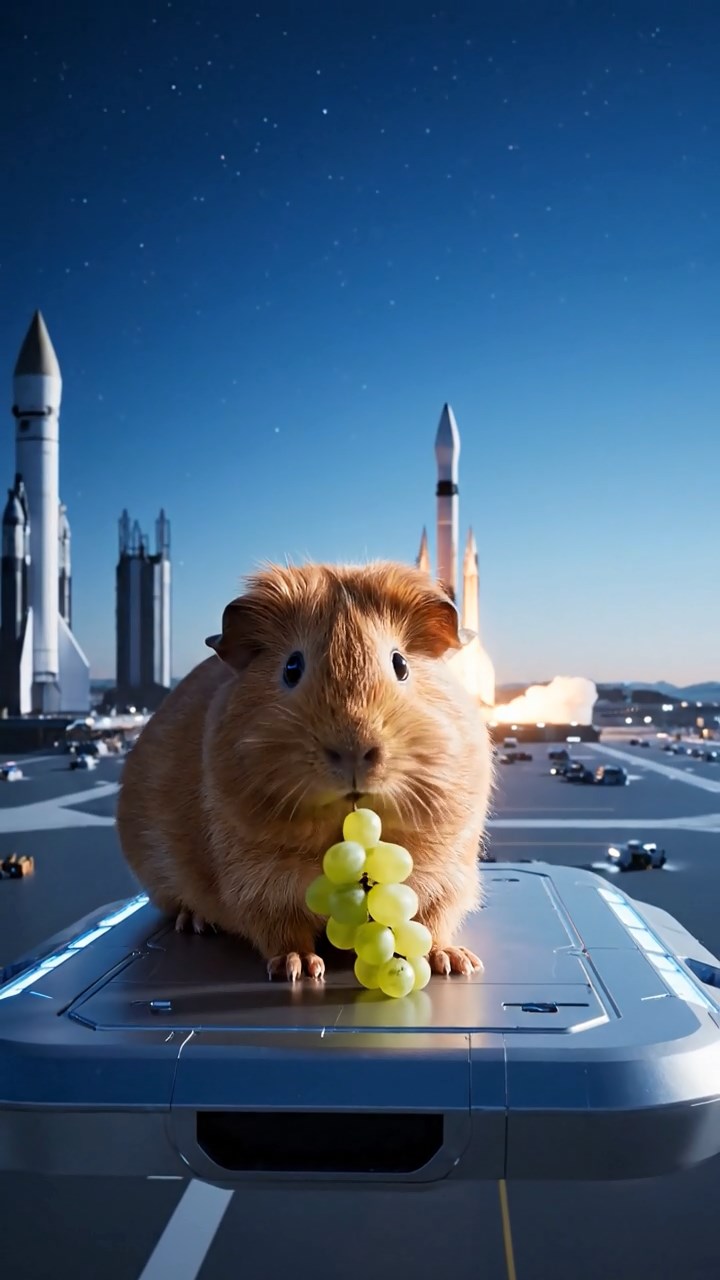 2055. Realistic image of 1 smooth-haired Teddy guinea pig with cinnamon fur, nibbling on grape clusters, on an ascending space platform with rocket launches.