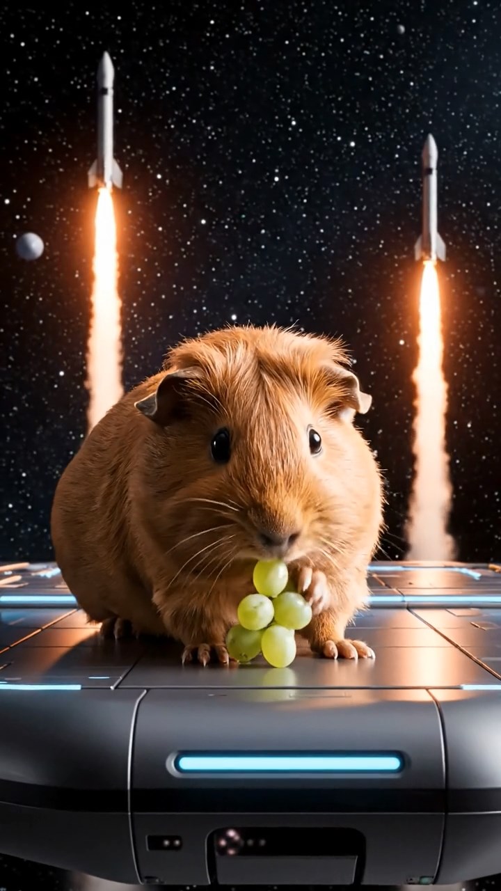 2055. Realistic image of 1 smooth-haired Teddy guinea pig with cinnamon fur, nibbling on grape clusters, on an ascending space platform with rocket launches.