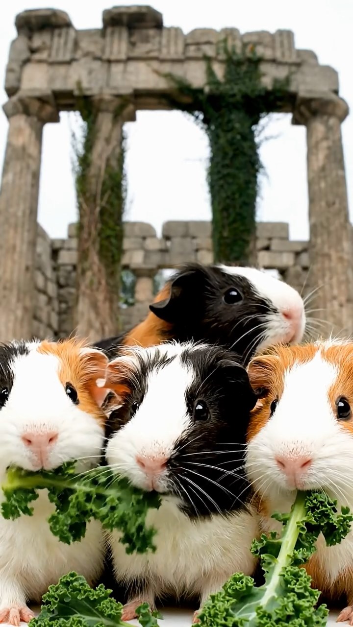 2056. Highly detailed view of 5 smooth-haired Texel guinea pigs with sable, white, and orange fur, chewing on kale stems, in a ruined classical temple with ivy.