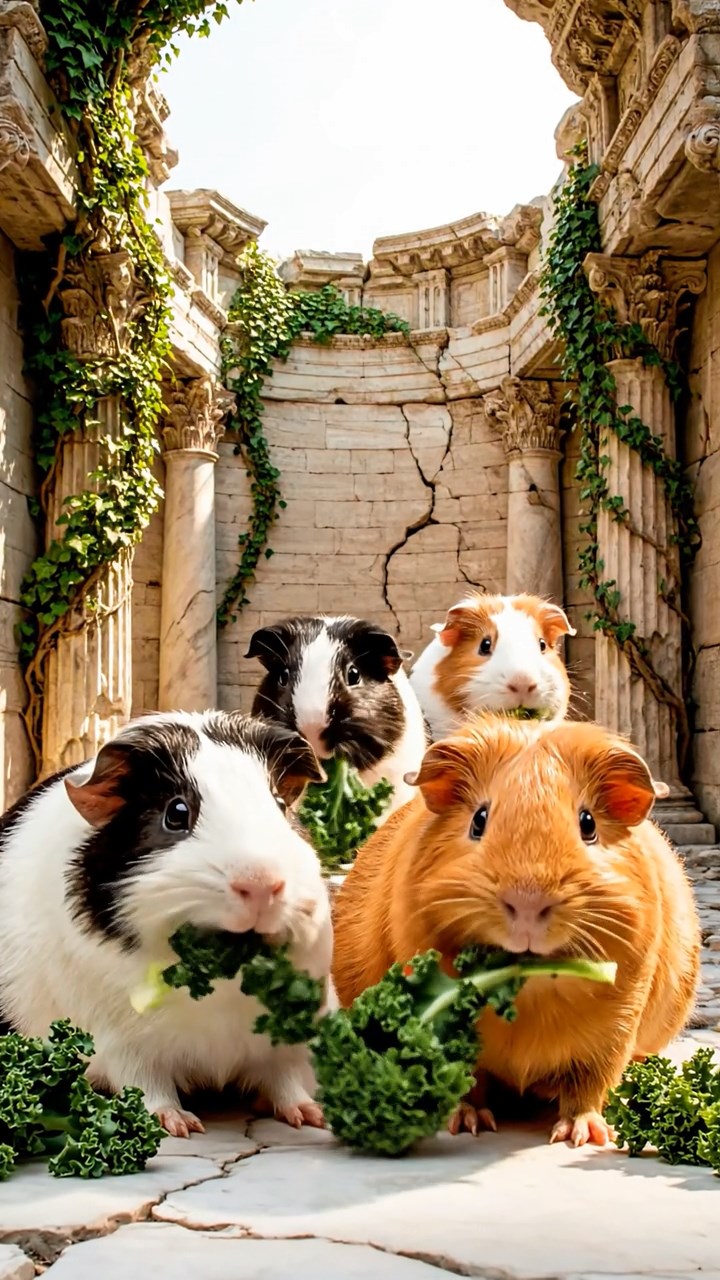 2056. Highly detailed view of 5 smooth-haired Texel guinea pigs with sable, white, and orange fur, chewing on kale stems, in a ruined classical temple with ivy.