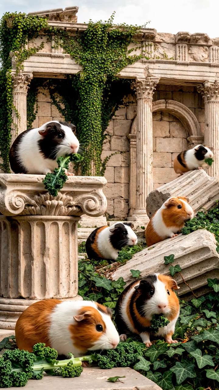 2056. Highly detailed view of 5 smooth-haired Texel guinea pigs with sable, white, and orange fur, chewing on kale stems, in a ruined classical temple with ivy.