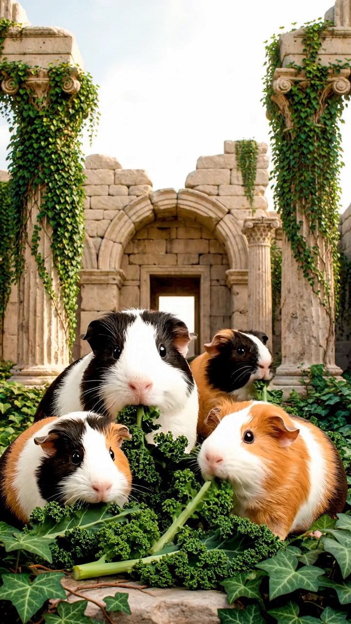 2056. Highly detailed view of 5 smooth-haired Texel guinea pigs with sable, white, and orange fur, chewing on kale stems, in a ruined classical temple with ivy.