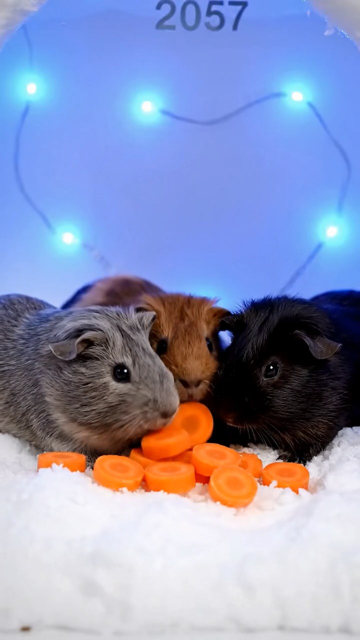 2057. Photorealistic scene of 4 smooth-haired Rex guinea pigs in gray, black, and brown colors, sharing carrot coins, inside an arctic snow home with flickering lights.