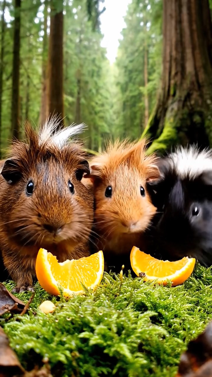 2059. Detailed photo of 3 smooth-haired White Crested guinea pigs featuring chocolate, cinnamon, and sable coats, eating orange wedges, in an ancient forest with massive trees.