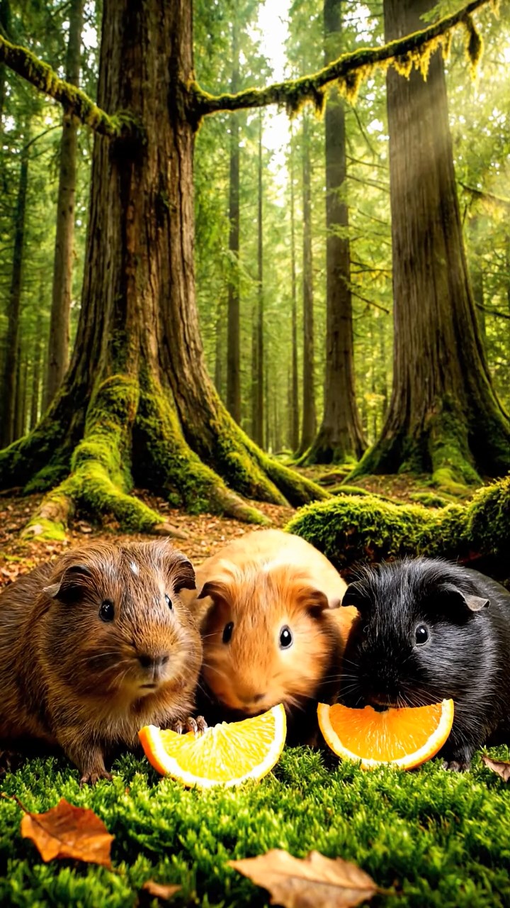 2059. Detailed photo of 3 smooth-haired White Crested guinea pigs featuring chocolate, cinnamon, and sable coats, eating orange wedges, in an ancient forest with massive trees.