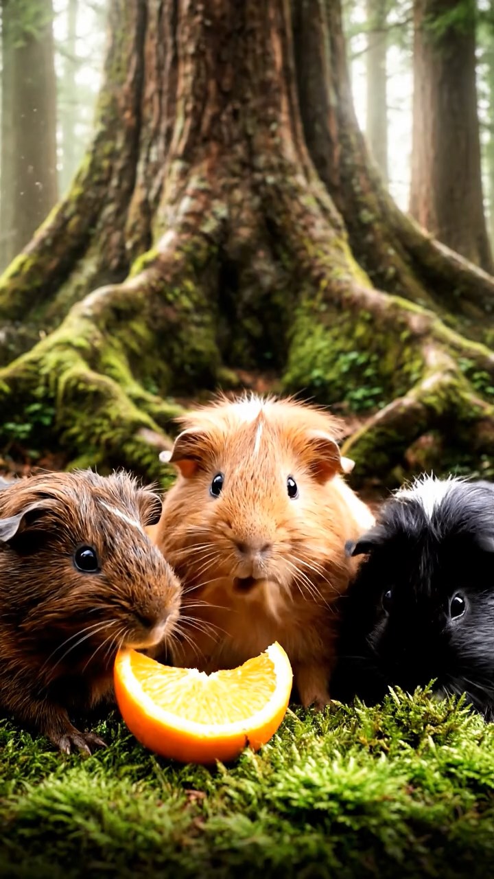 2059. Detailed photo of 3 smooth-haired White Crested guinea pigs featuring chocolate, cinnamon, and sable coats, eating orange wedges, in an ancient forest with massive trees.