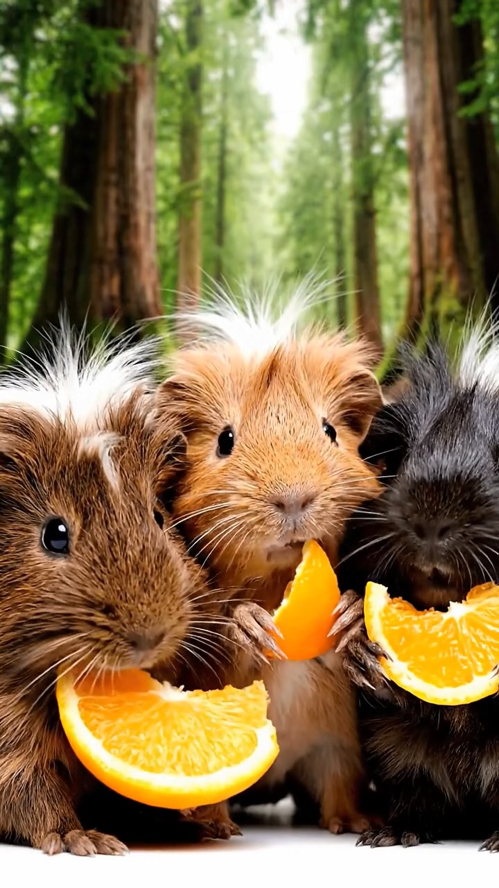 2059. Detailed photo of 3 smooth-haired White Crested guinea pigs featuring chocolate, cinnamon, and sable coats, eating orange wedges, in an ancient forest with massive trees.