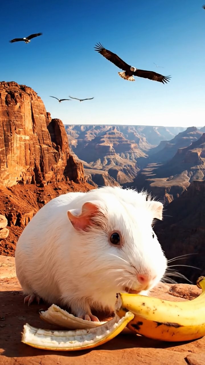 2060. Photorealistic image of 1 smooth-haired Skinny guinea pig with white fur, nibbling on banana skins, along a deep canyon edge with eagles soaring.
