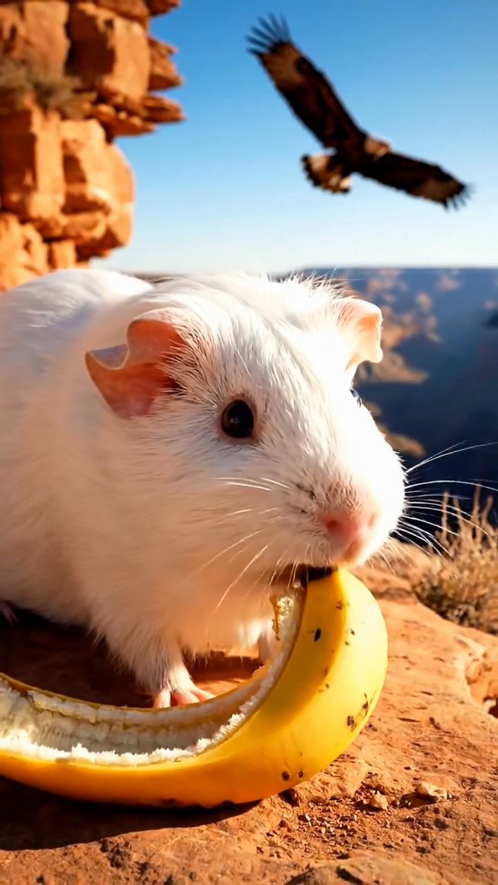 2060. Photorealistic image of 1 smooth-haired Skinny guinea pig with white fur, nibbling on banana skins, along a deep canyon edge with eagles soaring.