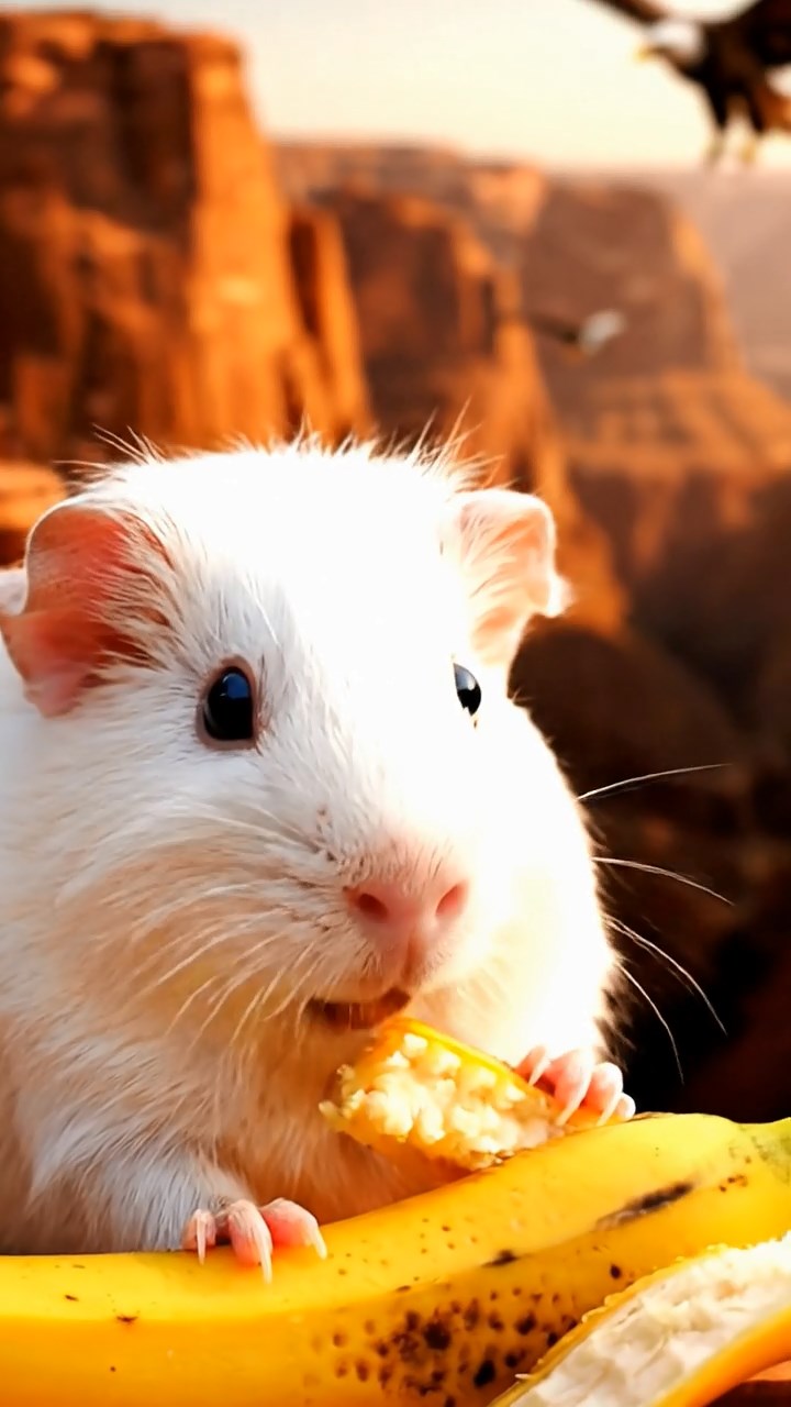2060. Photorealistic image of 1 smooth-haired Skinny guinea pig with white fur, nibbling on banana skins, along a deep canyon edge with eagles soaring.