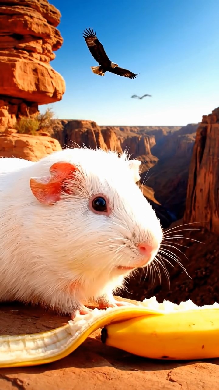 2060. Photorealistic image of 1 smooth-haired Skinny guinea pig with white fur, nibbling on banana skins, along a deep canyon edge with eagles soaring.