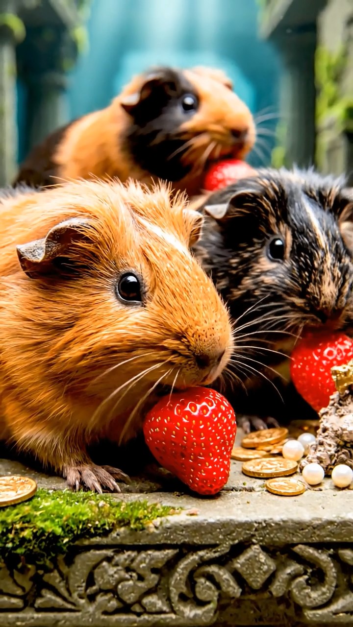 2061. Realistic scene of 4 smooth-haired American guinea pigs with orange, gray, and black fur, chewing on strawberry hulls, in a mythical sunken empire with treasures.