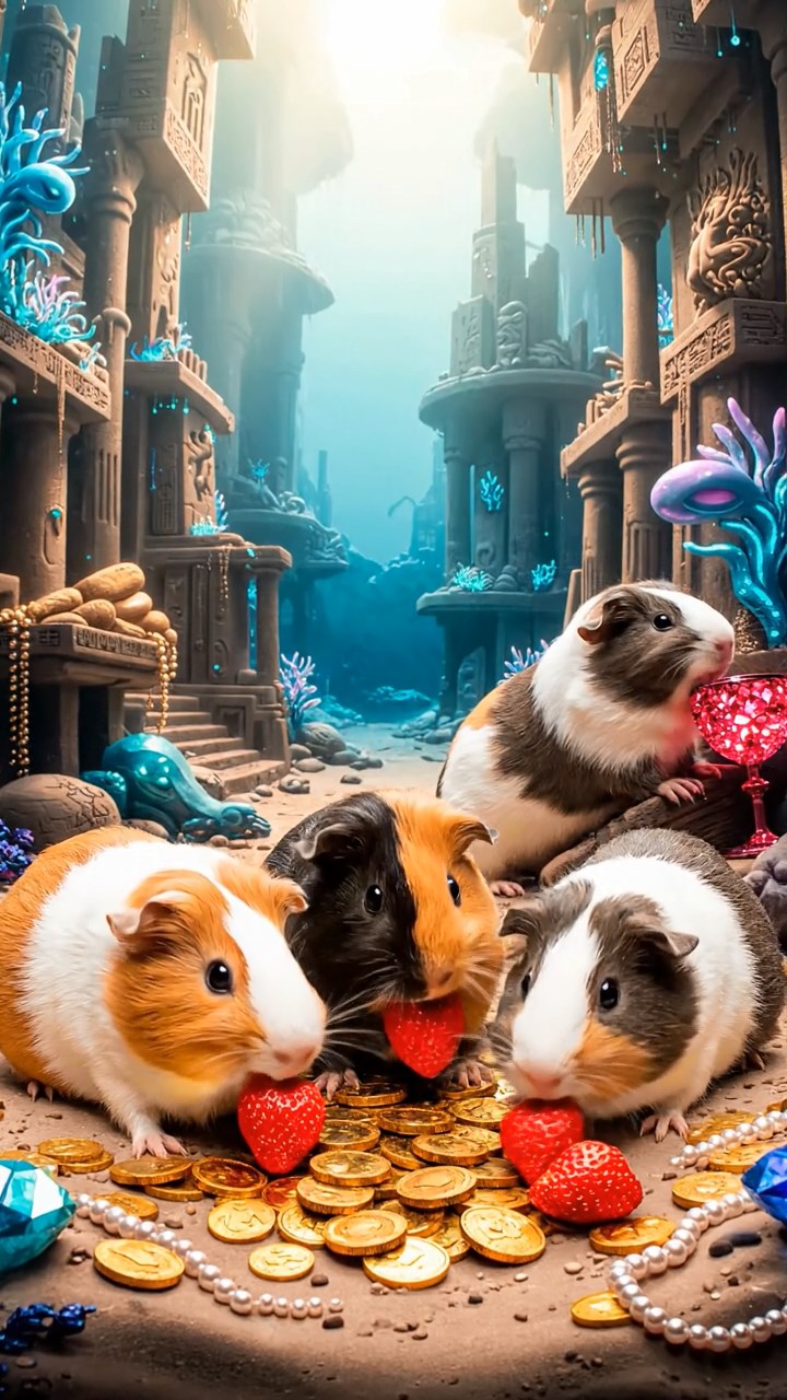 2061. Realistic scene of 4 smooth-haired American guinea pigs with orange, gray, and black fur, chewing on strawberry hulls, in a mythical sunken empire with treasures.