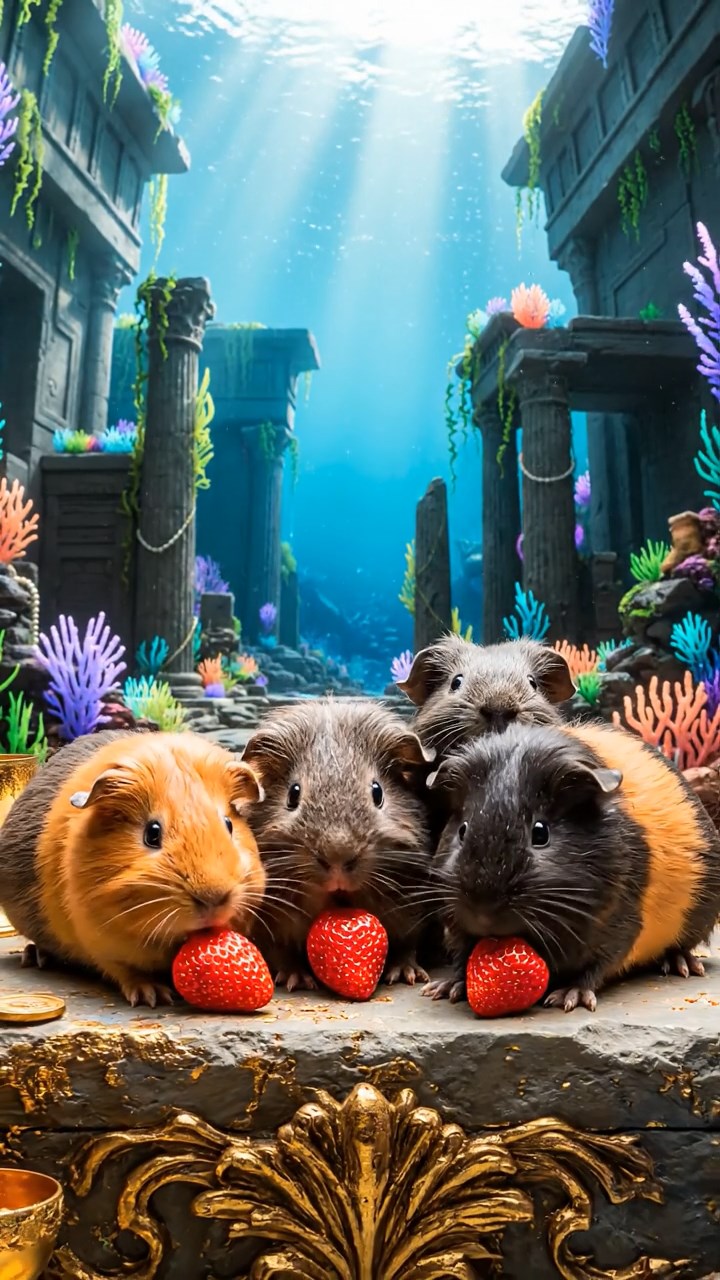 2061. Realistic scene of 4 smooth-haired American guinea pigs with orange, gray, and black fur, chewing on strawberry hulls, in a mythical sunken empire with treasures.