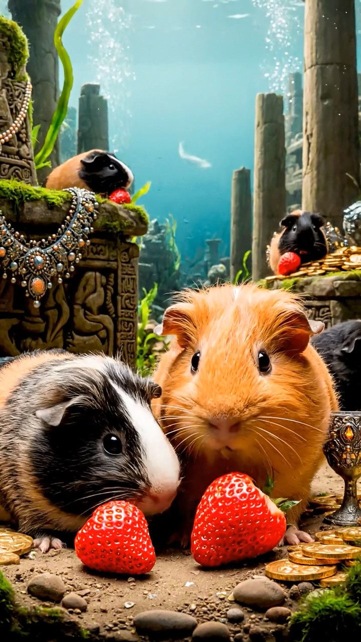 2061. Realistic scene of 4 smooth-haired American guinea pigs with orange, gray, and black fur, chewing on strawberry hulls, in a mythical sunken empire with treasures.