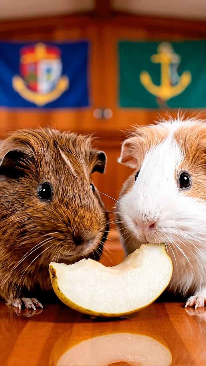2062. Highly detailed view of 2 smooth-haired Abyssinian guinea pigs in brown and cream colors, sharing pear wedges, inside an elegant yacht interior with yacht club flags.