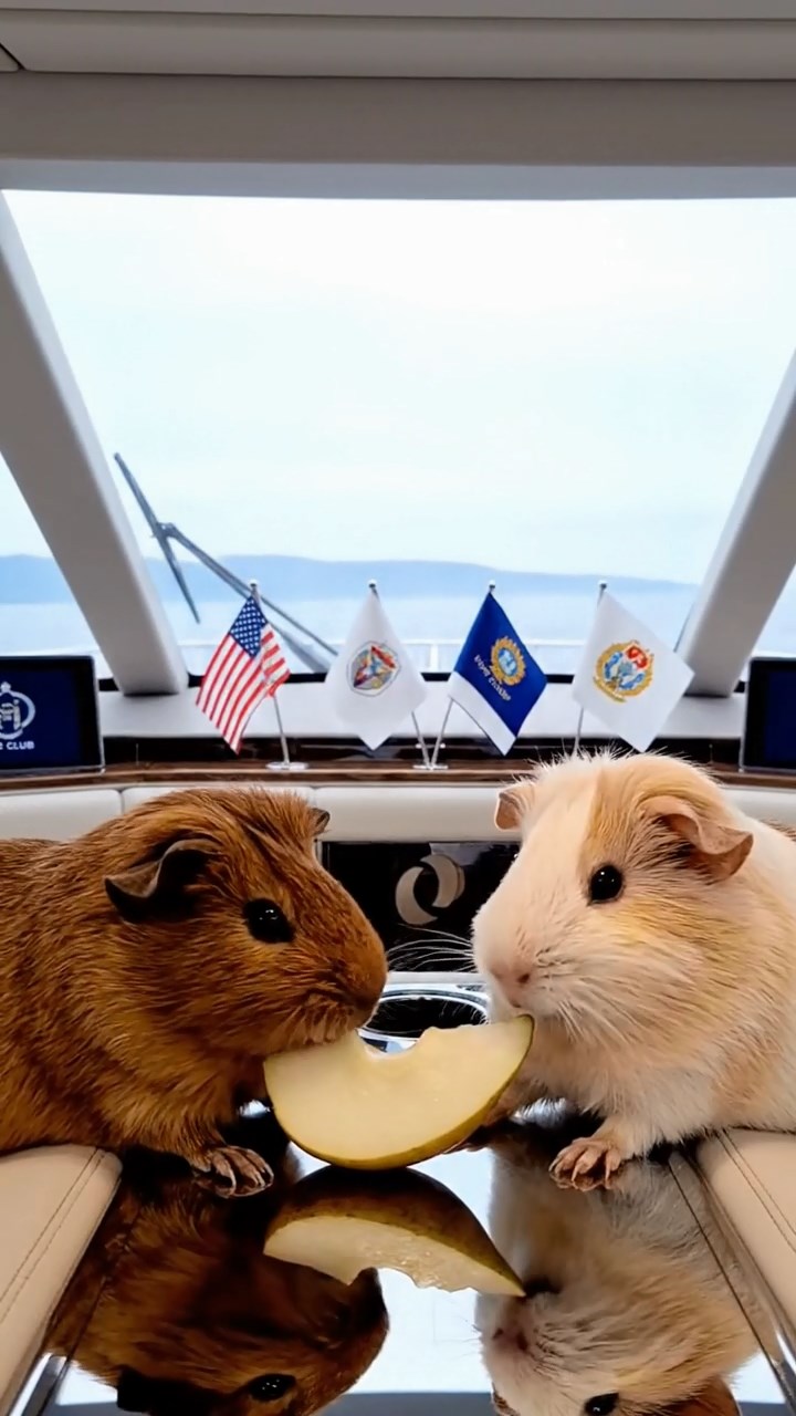 2062. Highly detailed view of 2 smooth-haired Abyssinian guinea pigs in brown and cream colors, sharing pear wedges, inside an elegant yacht interior with yacht club flags.