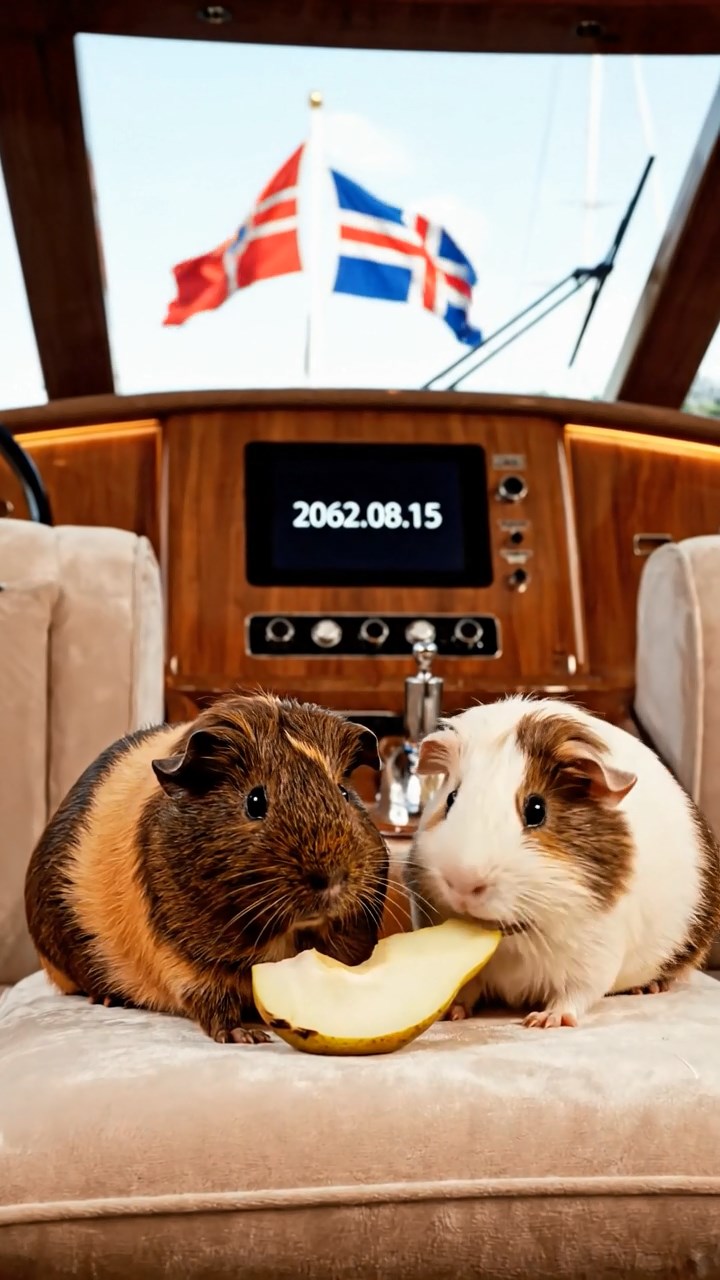 2062. Highly detailed view of 2 smooth-haired Abyssinian guinea pigs in brown and cream colors, sharing pear wedges, inside an elegant yacht interior with yacht club flags.
