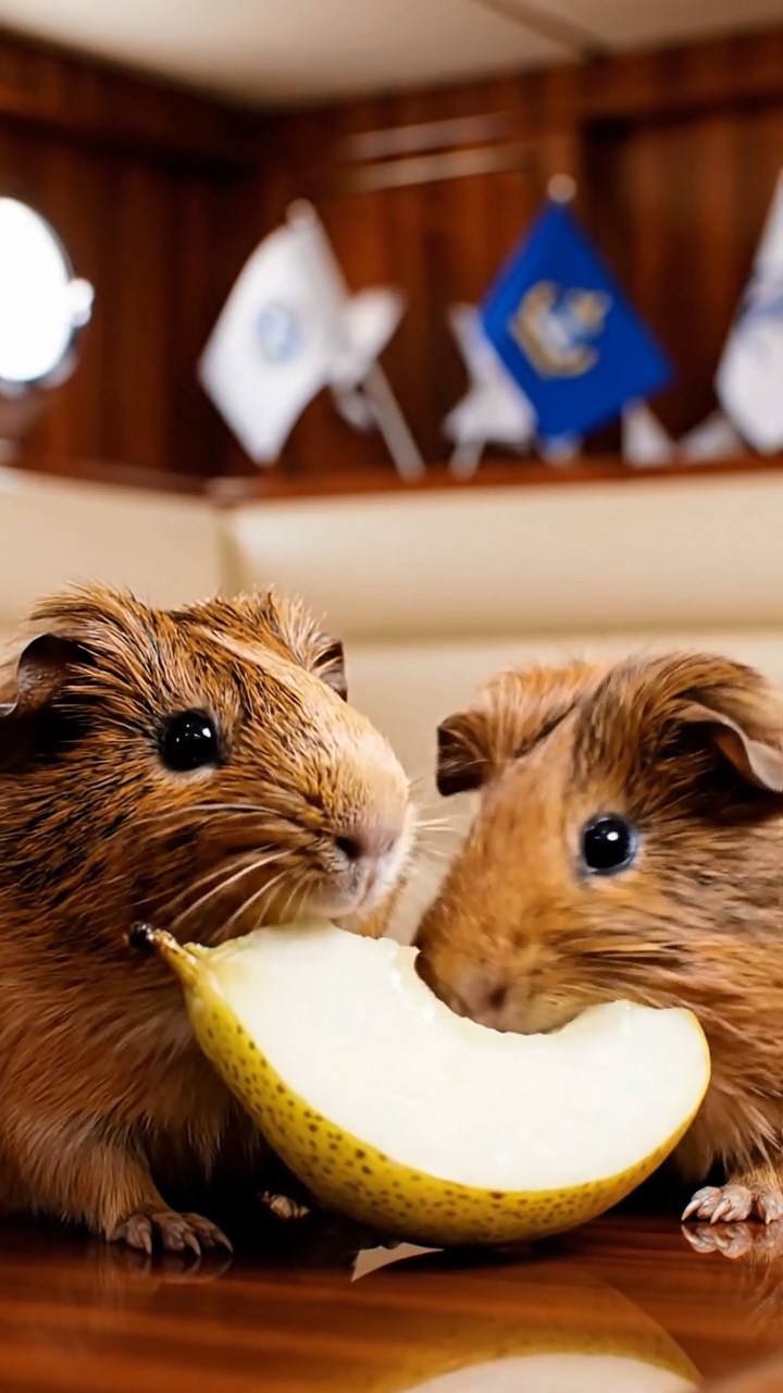 2062. Highly detailed view of 2 smooth-haired Abyssinian guinea pigs in brown and cream colors, sharing pear wedges, inside an elegant yacht interior with yacht club flags.