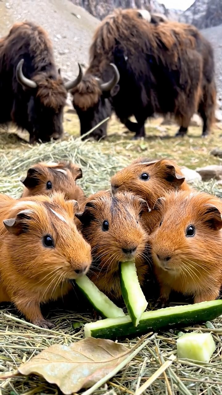 2063. Photorealistic photo of 5 smooth-haired Peruvian guinea pigs with fawn, chocolate, and cinnamon fur, munching on cucumber sticks, at a high-altitude camp with yaks.
