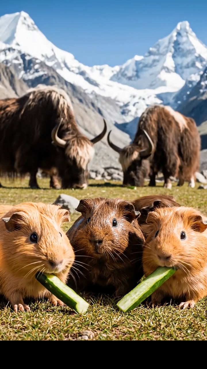2063. Photorealistic photo of 5 smooth-haired Peruvian guinea pigs with fawn, chocolate, and cinnamon fur, munching on cucumber sticks, at a high-altitude camp with yaks.