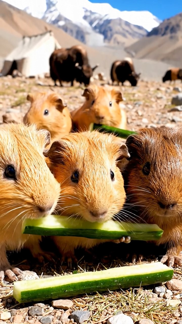 2063. Photorealistic photo of 5 smooth-haired Peruvian guinea pigs with fawn, chocolate, and cinnamon fur, munching on cucumber sticks, at a high-altitude camp with yaks.