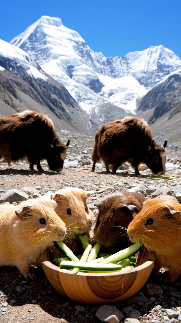 2063. Photorealistic photo of 5 smooth-haired Peruvian guinea pigs with fawn, chocolate, and cinnamon fur, munching on cucumber sticks, at a high-altitude camp with yaks.