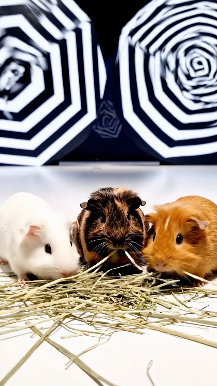 2064. Realistic depiction of 3 smooth-haired Silkie guinea pigs with sable, white, and orange fur, eating timothy hay strands, in a deceptive art museum with optical art.