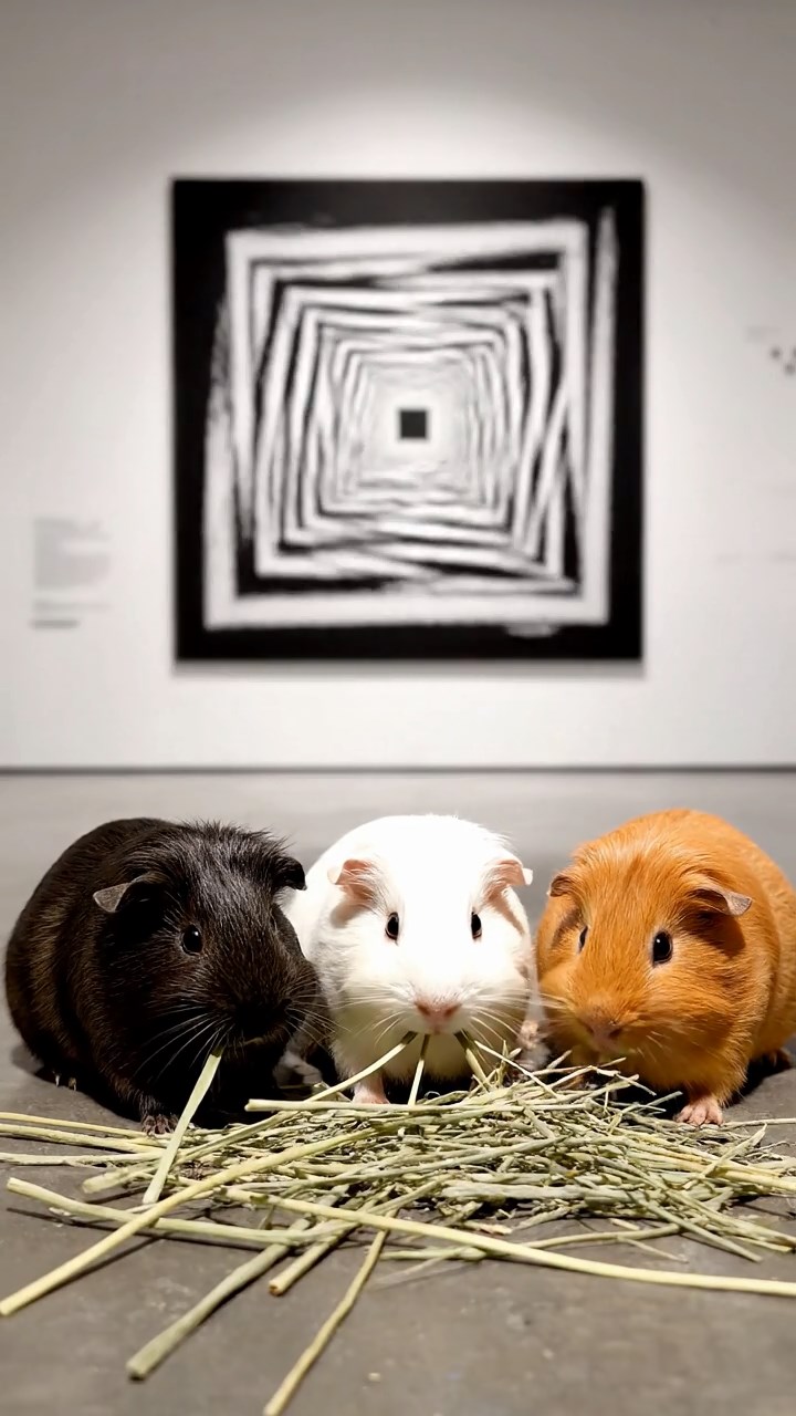 2064. Realistic depiction of 3 smooth-haired Silkie guinea pigs with sable, white, and orange fur, eating timothy hay strands, in a deceptive art museum with optical art.