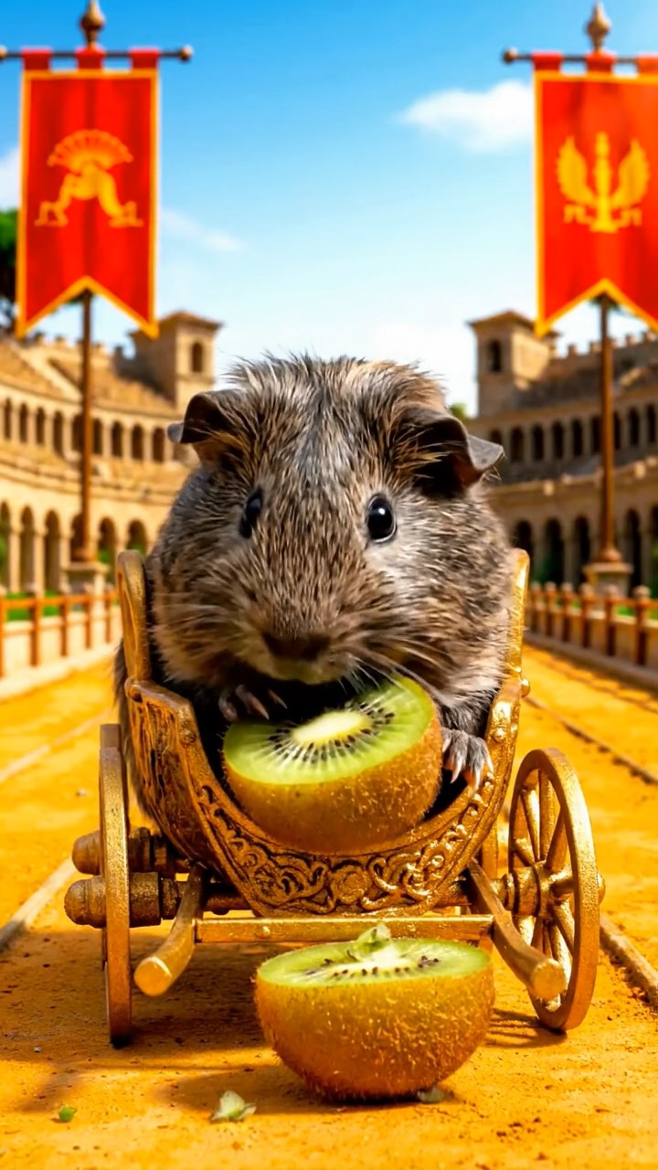 2065. Detailed image of 1 smooth-haired Teddy guinea pig with gray fur, nibbling on kiwi halves, on a historic chariot race straight with banners.