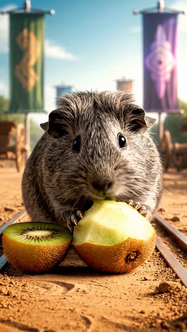 2065. Detailed image of 1 smooth-haired Teddy guinea pig with gray fur, nibbling on kiwi halves, on a historic chariot race straight with banners.