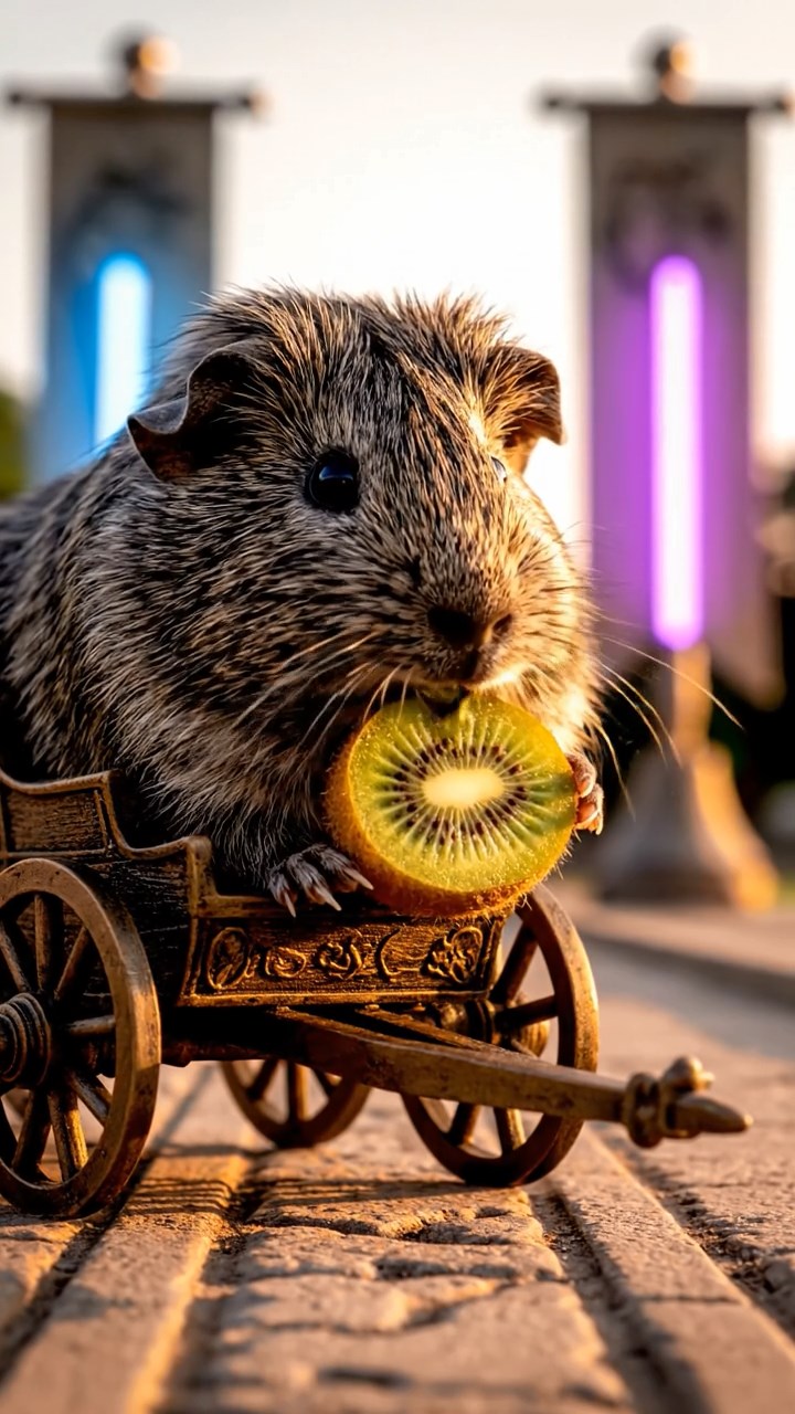 2065. Detailed image of 1 smooth-haired Teddy guinea pig with gray fur, nibbling on kiwi halves, on a historic chariot race straight with banners.