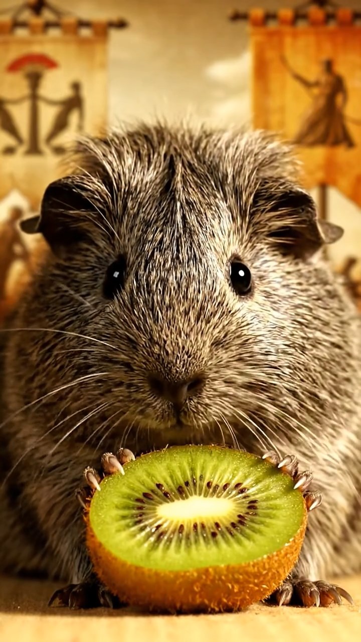 2065. Detailed image of 1 smooth-haired Teddy guinea pig with gray fur, nibbling on kiwi halves, on a historic chariot race straight with banners.