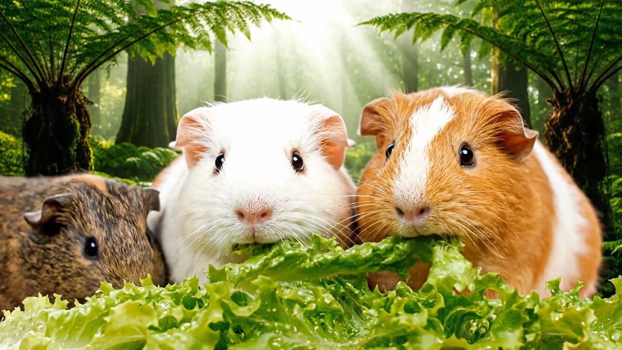 2101. A realistic close up photo of 3 smooth haired American guinea pigs with white. orange. and gray fur. eagerly munching on fresh lettuce leaves. in a misty ancient woodland glade with towering ferns and sunlight shafts piercing the canopy.
