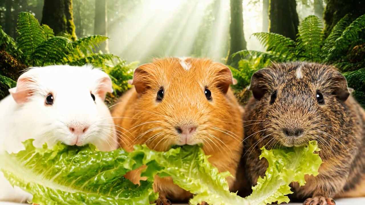 2101. A realistic close up photo of 3 smooth haired American guinea pigs with white. orange. and gray fur. eagerly munching on fresh lettuce leaves. in a misty ancient woodland glade with towering ferns and sunlight shafts piercing the canopy.