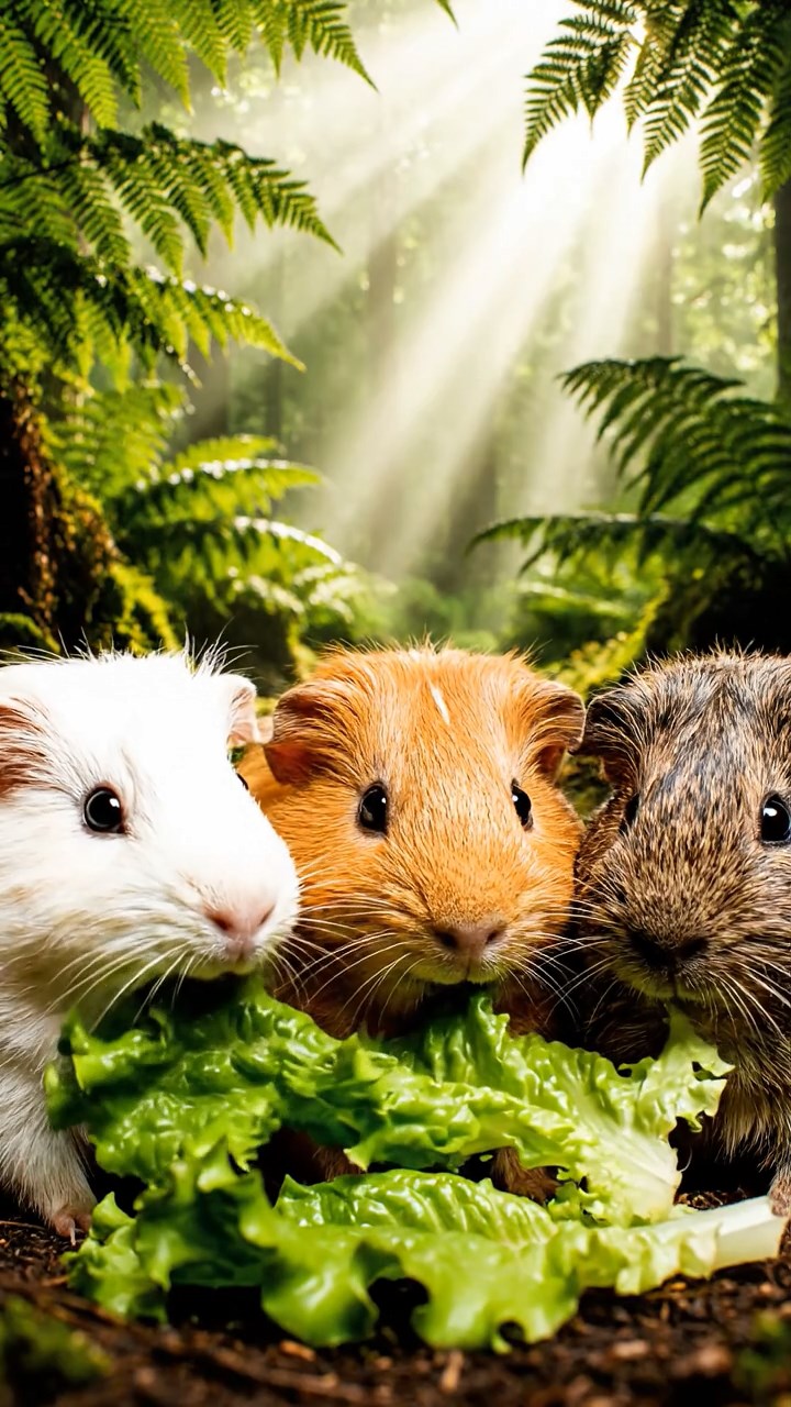 2101. A realistic close up photo of 3 smooth haired American guinea pigs with white. orange. and gray fur. eagerly munching on fresh lettuce leaves. in a misty ancient woodland glade with towering ferns and sunlight shafts piercing the canopy.